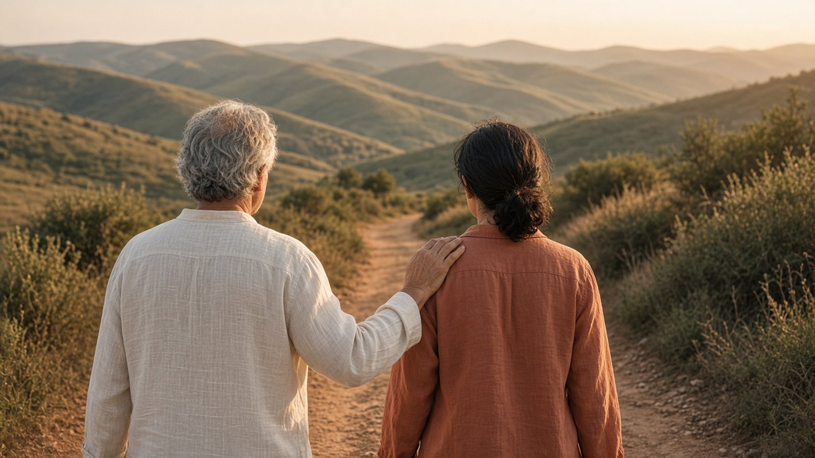 Two generations on a path — an older hand resting gently on a younger shoulder