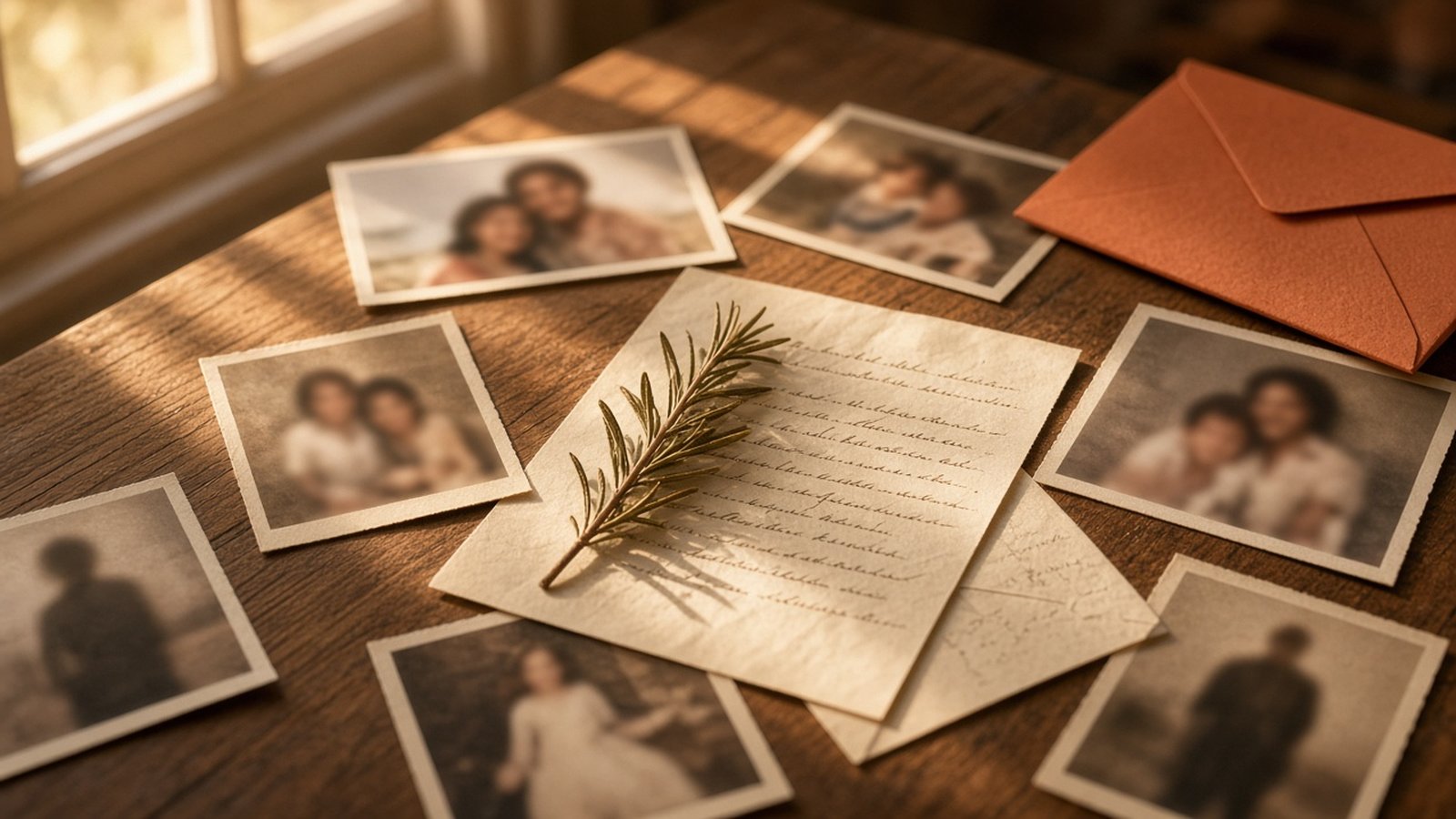 Old photographs and a handwritten letter on a wooden table in warm light